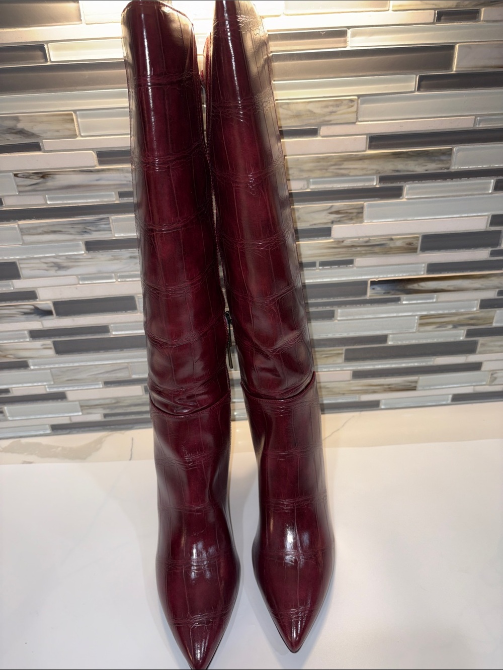 Anne Klein MARUICIA Burgundy Faux-Croc heeled Boots